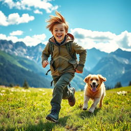 A joyful mountain boy running energetically through a lush green meadow, accompanied by his playful dog