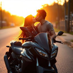 A young couple sharing a romantic kiss near a sleek black motorcycle, surrounded by a warm sunset glow that enhances the intimate moment