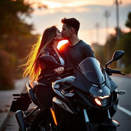 A young couple sharing a romantic kiss near a sleek black motorcycle, surrounded by a warm sunset glow that enhances the intimate moment