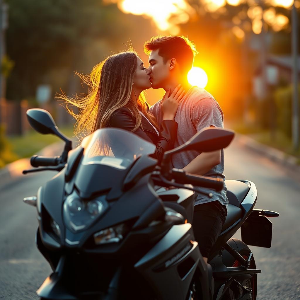 A young couple sharing a romantic kiss near a sleek black motorcycle, surrounded by a warm sunset glow that enhances the intimate moment