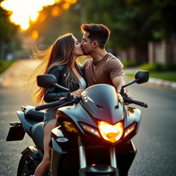 A young couple sharing a romantic kiss near a sleek black motorcycle, surrounded by a warm sunset glow that enhances the intimate moment