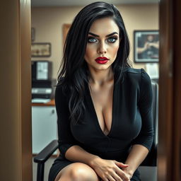 From the perspective of the doorway of an office, you see a full-length photographic image of a beautiful 19-year-old woman with pale skin and thick black hair