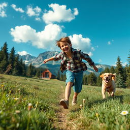 A joyful mountain boy energetically running through a lush green landscape alongside his loyal dog, with a picturesque mountain backdrop
