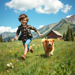 A joyful mountain boy energetically running through a lush green landscape alongside his loyal dog, with a picturesque mountain backdrop