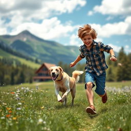 A joyful mountain boy energetically running through a lush green landscape alongside his loyal dog, with a picturesque mountain backdrop