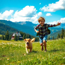 A joyful mountain boy energetically running through a lush green landscape alongside his loyal dog, with a picturesque mountain backdrop