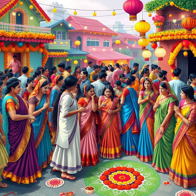 A vibrant and colorful traditional Indian festival scene, filled with people wearing elaborate ethnic attire like saris, kurtas, and lehengas