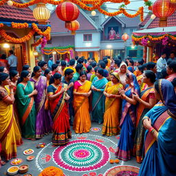 A vibrant and colorful traditional Indian festival scene, filled with people wearing elaborate ethnic attire like saris, kurtas, and lehengas