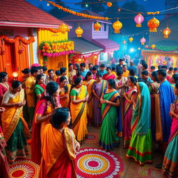 A vibrant and colorful traditional Indian festival scene, filled with people wearing elaborate ethnic attire like saris, kurtas, and lehengas