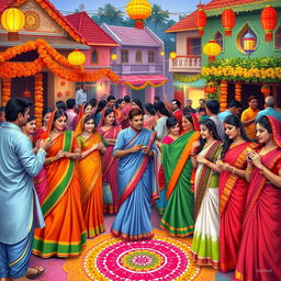 A vibrant and colorful traditional Indian festival scene, filled with people wearing elaborate ethnic attire like saris, kurtas, and lehengas