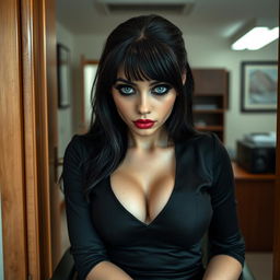 From the doorway of an office, you see a full-length photographic image of a beautiful 19-year-old woman with pale skin and thick black hair