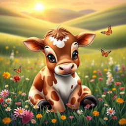 A cute baby cow sitting in a lush green meadow, surrounded by colorful wildflowers