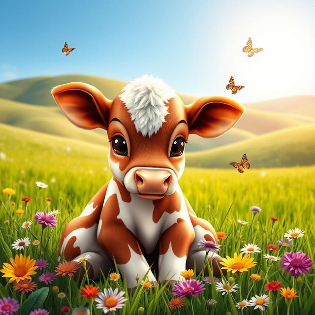 A cute baby cow sitting in a lush green meadow, surrounded by colorful wildflowers