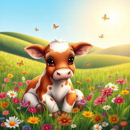 A cute baby cow sitting in a lush green meadow, surrounded by colorful wildflowers