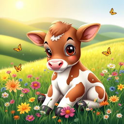 A cute baby cow sitting in a lush green meadow, surrounded by colorful wildflowers
