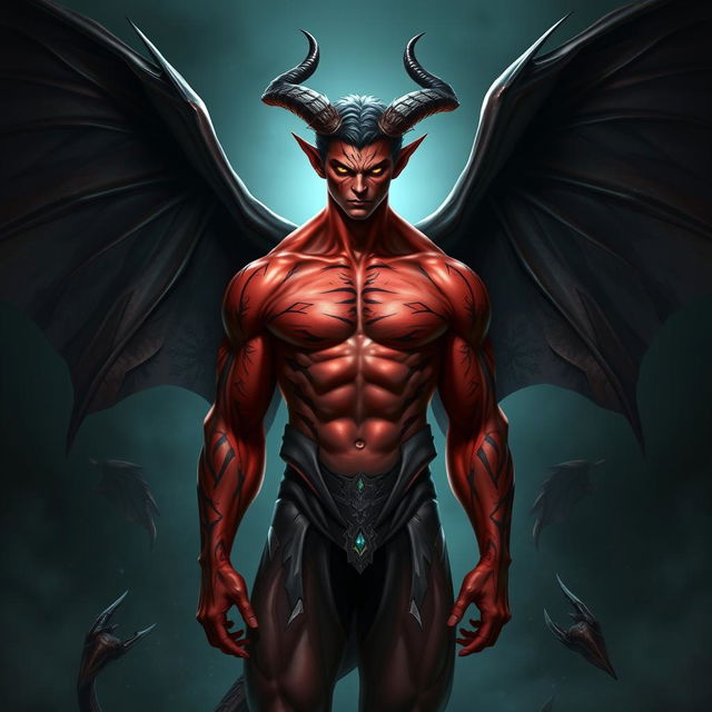 A striking demon-human male hybrid featuring large, imposing bat wings that spread elegantly from his back