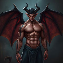 A striking demon-human male hybrid featuring large, imposing bat wings that spread elegantly from his back