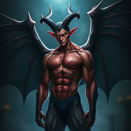 A striking demon-human male hybrid featuring large, imposing bat wings that spread elegantly from his back