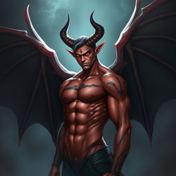 A striking demon-human male hybrid featuring large, imposing bat wings that spread elegantly from his back