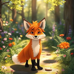 A playful fox with a stylish mullet haircut, standing in a vibrant forest setting