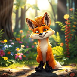 A playful fox with a stylish mullet haircut, standing in a vibrant forest setting