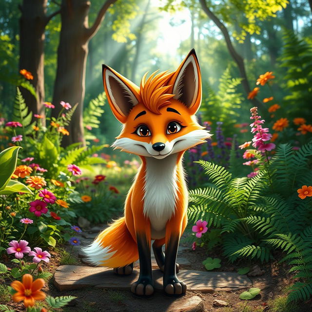 A playful fox with a stylish mullet haircut, standing in a vibrant forest setting