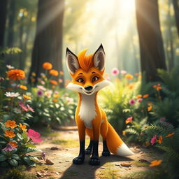 A playful fox with a stylish mullet haircut, standing in a vibrant forest setting