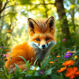 A playful fox with a unique mullet haircut, positioned in a lively forest environment