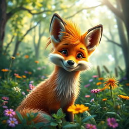 A playful fox with a unique mullet haircut, positioned in a lively forest environment