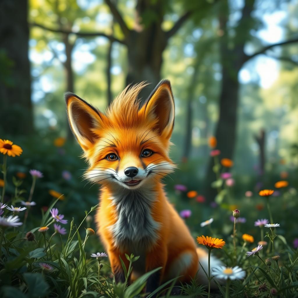 A playful fox with a unique mullet haircut, positioned in a lively forest environment