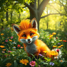 A playful fox with a unique mullet haircut, positioned in a lively forest environment