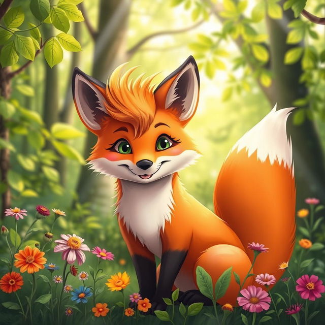 A whimsical fox sporting a striking mullet haircut, set against a lush forest backdrop