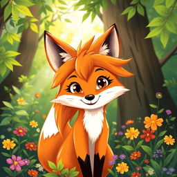 A whimsical fox sporting a striking mullet haircut, set against a lush forest backdrop