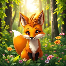 A whimsical fox sporting a striking mullet haircut, set against a lush forest backdrop
