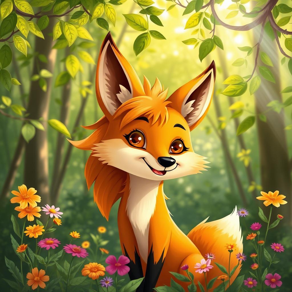 A whimsical fox sporting a striking mullet haircut, set against a lush forest backdrop