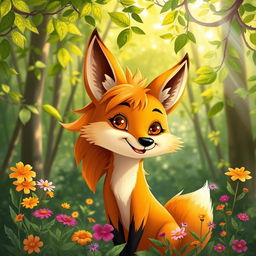 A whimsical fox sporting a striking mullet haircut, set against a lush forest backdrop