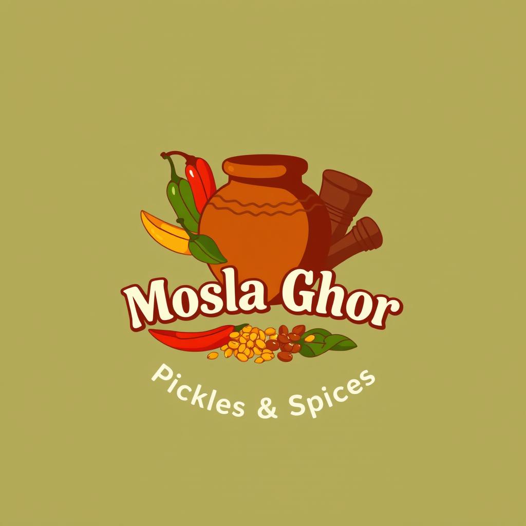 A logo design for a brand named 'Mosla Ghor' featuring a tagline 'Pickles & Spices