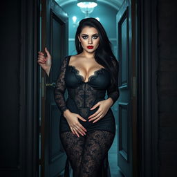 A full-length photographic image of a curvy and beautiful 19-year-old woman with pale skin and thick black hair stands before the doorway of a haunted mansion