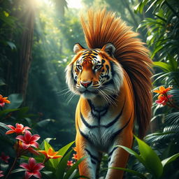 A striking tiger sporting a distinctive mullet haircut, standing majestically in a dense jungle setting