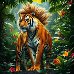 A striking tiger sporting a distinctive mullet haircut, standing majestically in a dense jungle setting