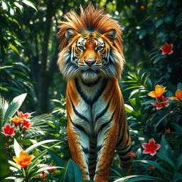 A striking tiger sporting a distinctive mullet haircut, standing majestically in a dense jungle setting