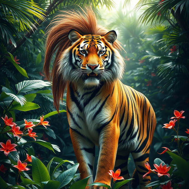 A striking tiger sporting a distinctive mullet haircut, standing majestically in a dense jungle setting