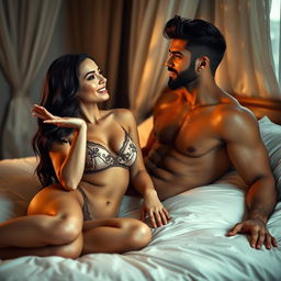 A stunning woman in elegant lingerie, gracefully lying on a plush bed, with an inviting expression as she gestures towards a young man with black hair and a well-groomed black beard