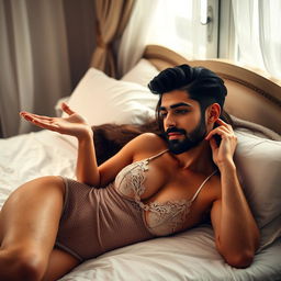 A stunning woman in elegant lingerie, gracefully lying on a plush bed, with an inviting expression as she gestures towards a young man with black hair and a well-groomed black beard