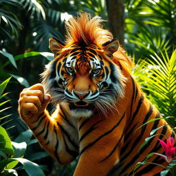A vibrant tiger with a bold mullet haircut, striking a powerful pose amidst a jungle setting