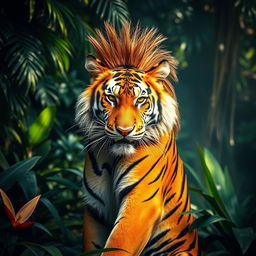 A vibrant tiger with a bold mullet haircut, striking a powerful pose amidst a jungle setting