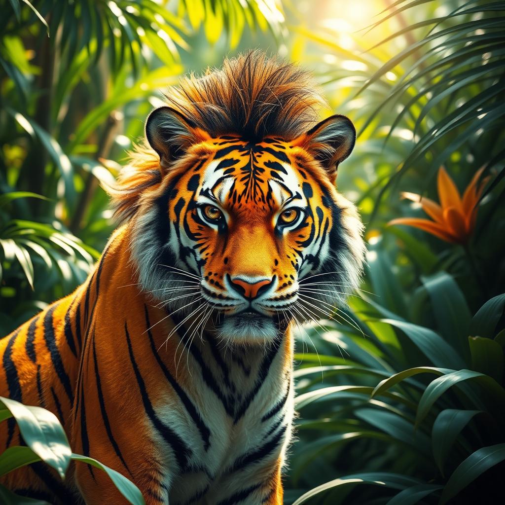 A vibrant tiger with a bold mullet haircut, striking a powerful pose amidst a jungle setting