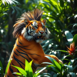 A vibrant tiger with a bold mullet haircut, striking a powerful pose amidst a jungle setting