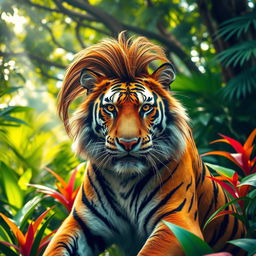 A bold tiger showcasing a trendy mullet haircut, positioned dynamically in a vibrant jungle backdrop