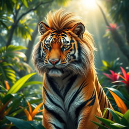 A bold tiger showcasing a trendy mullet haircut, positioned dynamically in a vibrant jungle backdrop